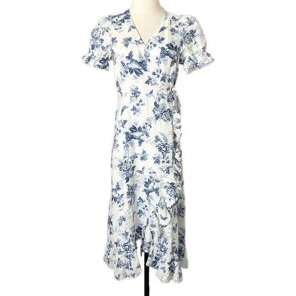 & Other Stories Midi Wrap Dress 100% Linen Blue White Floral Ruffle Puff Size 6 - Image 2