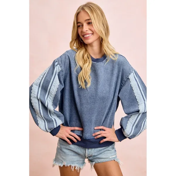 BiBi Washed Denim‎ Lace Contrast Sided Sweatshirt - Image 10
