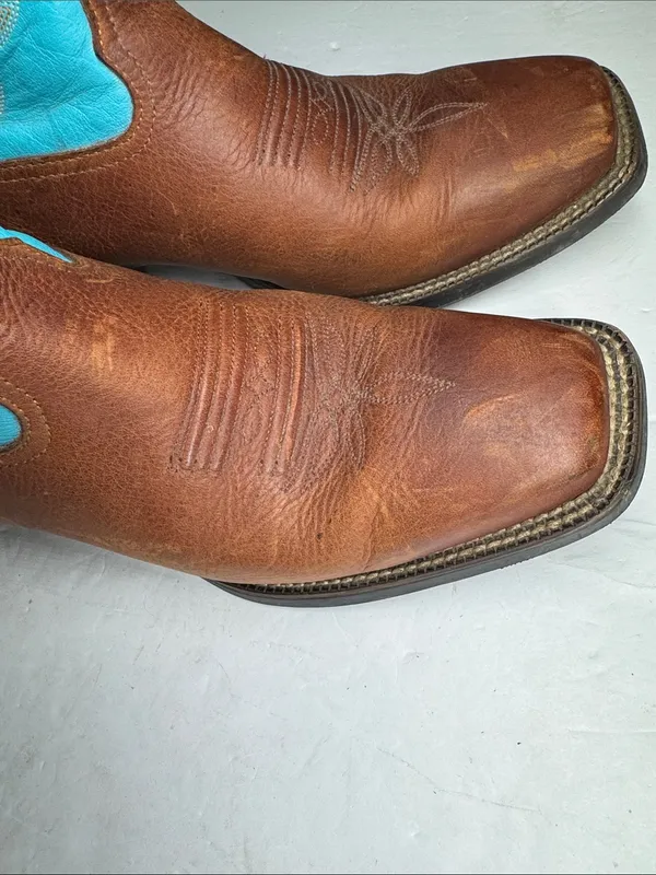 Tony Lama Brown Leather Cowboy Boots with Turquoise Shaft square toe cowgirl 10C - Image 8