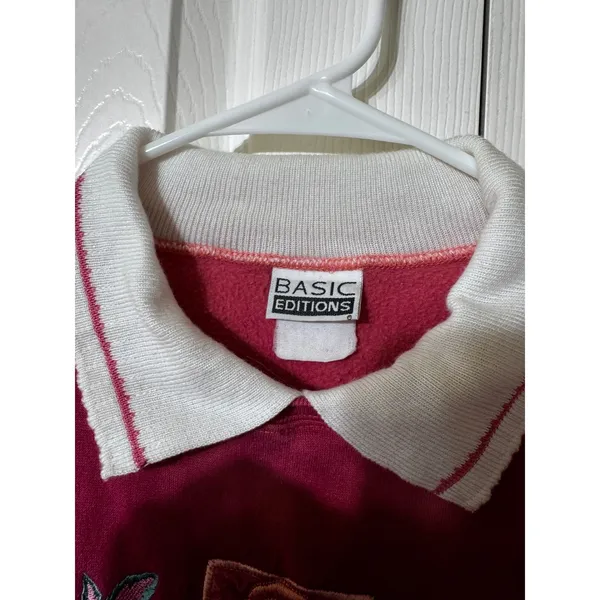 VTG Basic Editions Vintage Embroidered Rose Sweatshirt Collared Pullover‎ Sz L? Red Size L - Image 2
