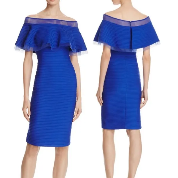 Tadashi Shoji Tobara Pintucked Off Shoulder Ruffle Dress Electric Blue~ XS 🧡🎀 - Image 3