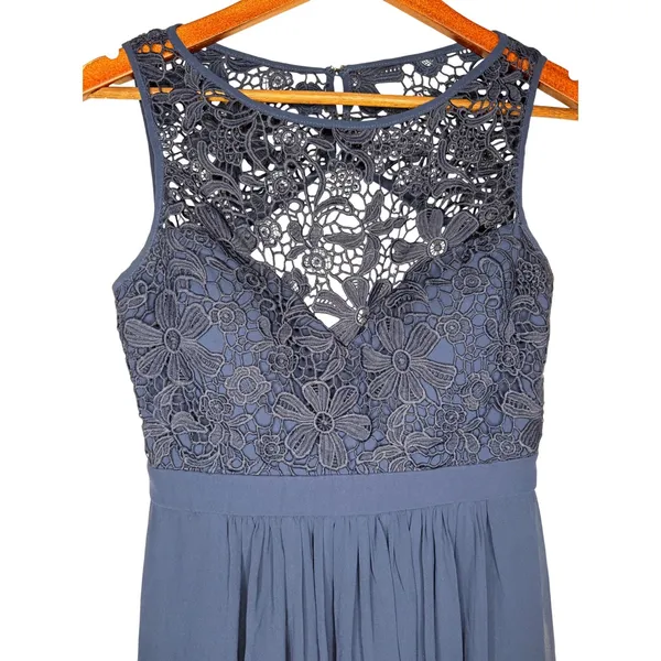 Lulus So Far Gown Navy Crochet Lace Open Back Chiffon Maxi Dress Sleeveless Sz M - Image 6