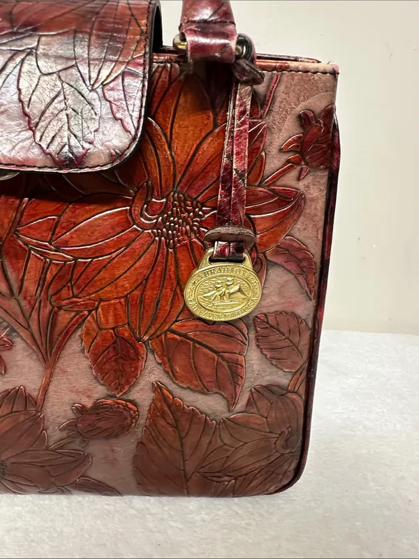 Rare vintage Embossed Brahmin Burgundy Floral Embossed Leather Satchel - Image 2