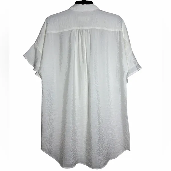 Anthropologie Ruffle Short Sleeve Button Down‎ White Crinkle Textured Tunic M - Image 2