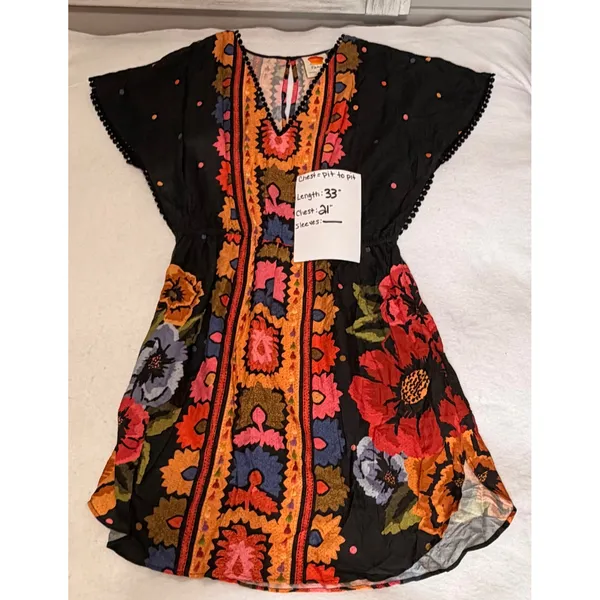 Farm Rio Anthropologie Black Floral Mini Dress Size S Boho V-Neck Pom Trim - Image 6