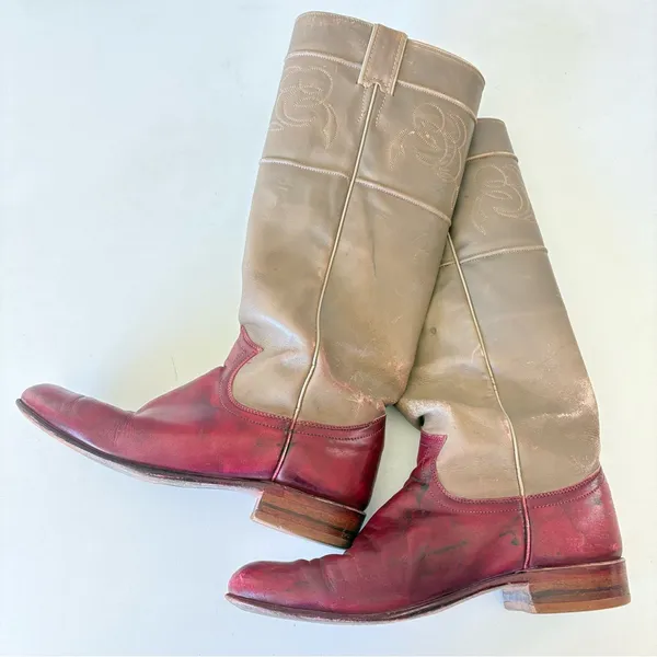Justin Boots Tan Red Leather Western Cowgirl Knee High Pull On Womens Size 5.5 B - Image 15