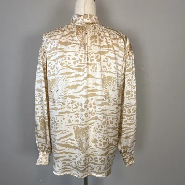 Escada Vintage Leopard Tiger Print Cream‎ Silk Blouse Top Size 36/6 Long Sleeve - Image 8