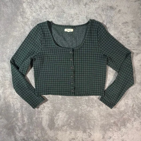 Madewell Medium Dark Green Black Gingham Cropped Button Front Top Holiday Grunge - Image 2