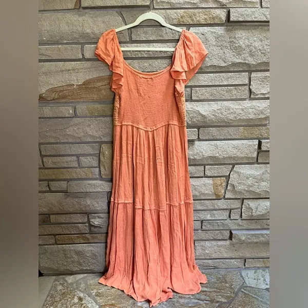 Sincerely Jules Milkmaid Tiered Maxi Dress Sleeveless Flutter Sleeve Coral Large - Image 6