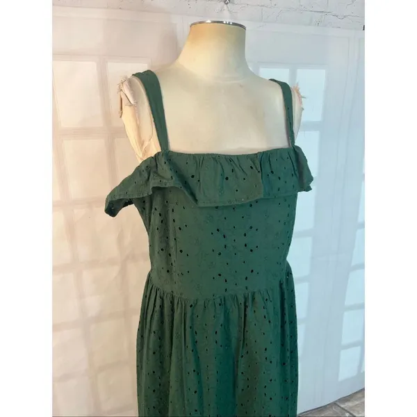 Loft Green Eyelet Ruffle Square Neck Sleeveless Cotton Midi Sundress Size 10 - Image 4