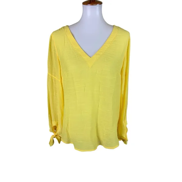 Maeve Anthropologie Verona Yellow V‎ Neck Tie Balloon Sleeve Blouse Boho Flowy M - Image 2