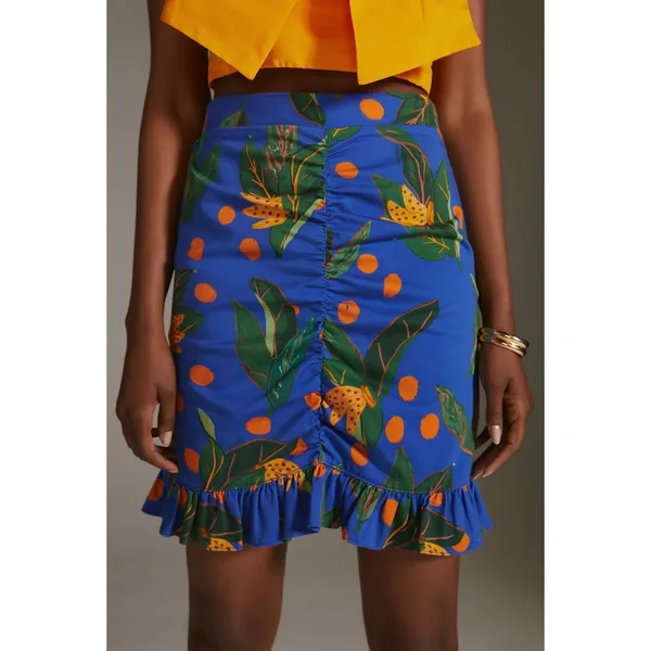 NWT Farm Rio Anthropologie Ruched Mini Skirt Small Blue Tropical‎ Fruit Vacation - Image 5