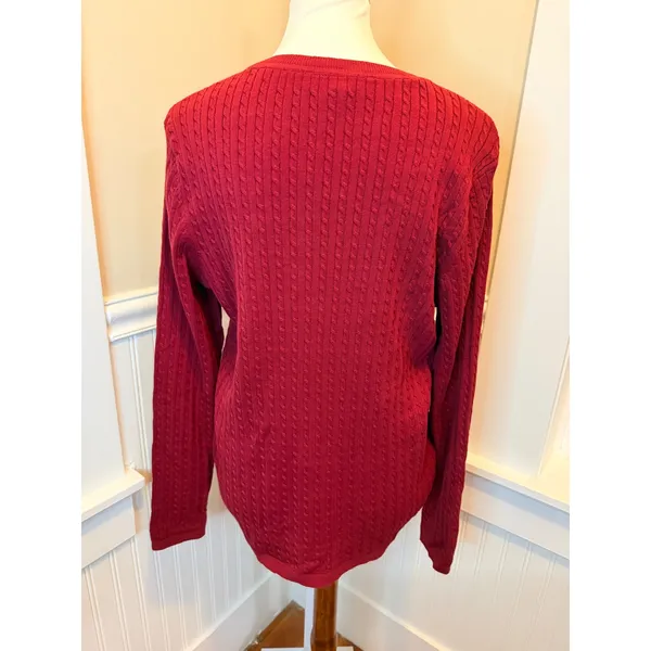 Tommy Hilfiger Cable Knit V-Neck Cotton Sweater Red Large TJROSK305C - Image 2