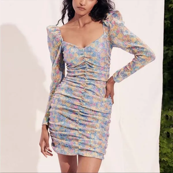 SAYLOR Multicolour Sequin Ruched Bodycon Dress Small Long Sleeve Mini - Image 3