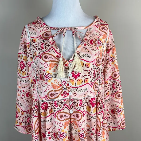Sheilay Midi Dress Womens Large Pink Floral Tassel 3/4 Sleeve V-Neck‎ Summer NEW - Image 13