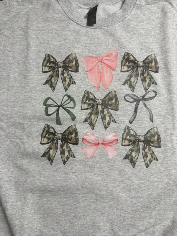 Gildan Heather Gray Crewneck Sweatshirt with Pink, Green and Camo Bows - Image 5
