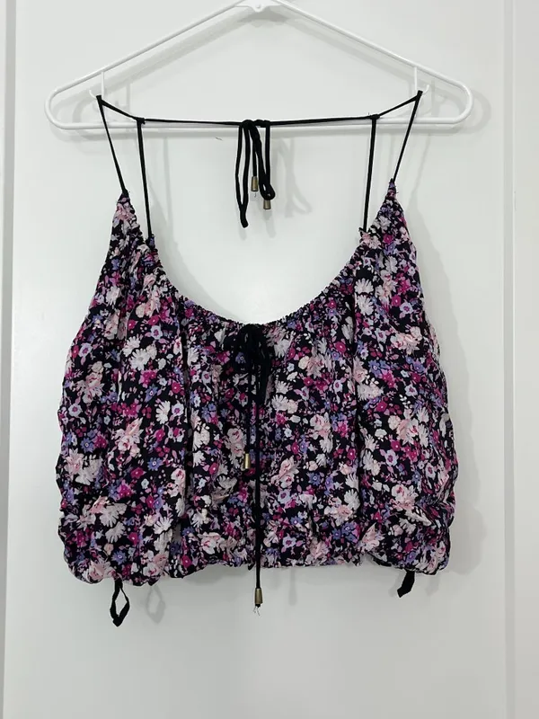 Free People Small Floral Print Drawstring Bubble Hem Crop Top - Image 9