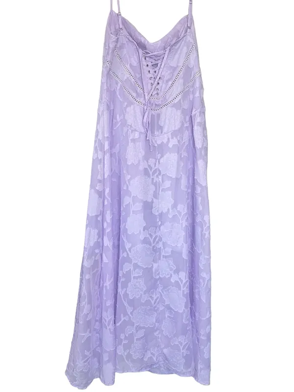 Lavender Floral Jacquard Lace Up Back Midi Dress Wedding Guest M - Image 4