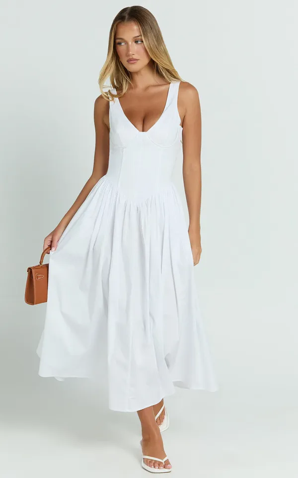 Showpo New Beckett Midi Dress Scoop Neck Drop V Waist Gathered Dress Size Medium - Image 2