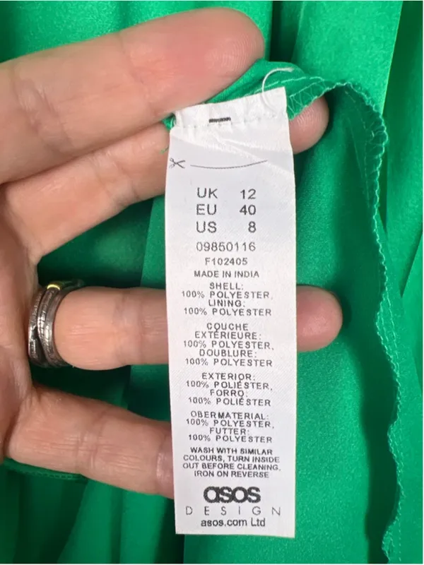 ASOS DESIGN Satin Wrap Midi Dress US 8 Green Balloon Sleeve Ruched Side Slit - Image 8