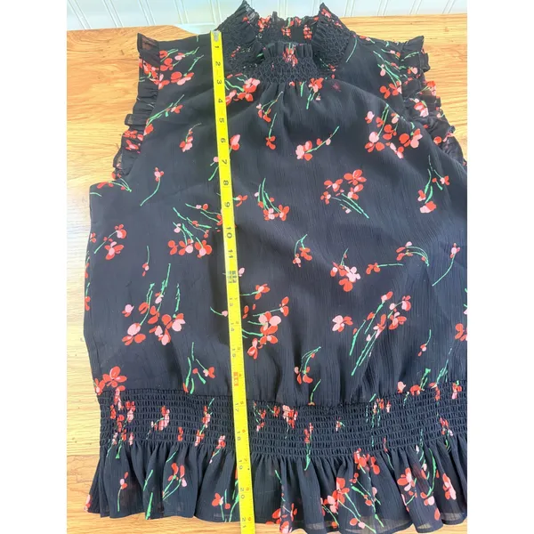 J.Crew Floral Smocked High Neck Ruffle Sleeveless Blouse Black Red Size 2 - Image 9