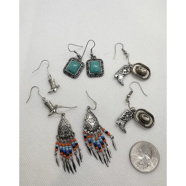 Southwest Western Earrings Lot‎ of 4 Silver Tone Turquoise Cowboy Fringe Dangle - Image 3