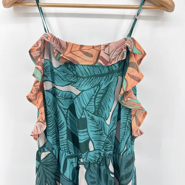 Farm Rio Anthropologie Ruffled Botanical Maxi Dress Tropical Teal‎ Pink Small - Image 8