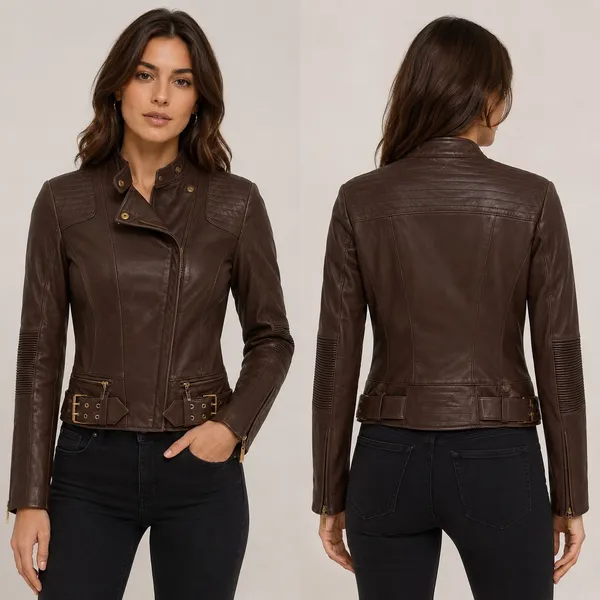 Via Spiga Moto Jacket Women S Brown Leather Biker Quilted Ribbed Gold Hardware - Image 11