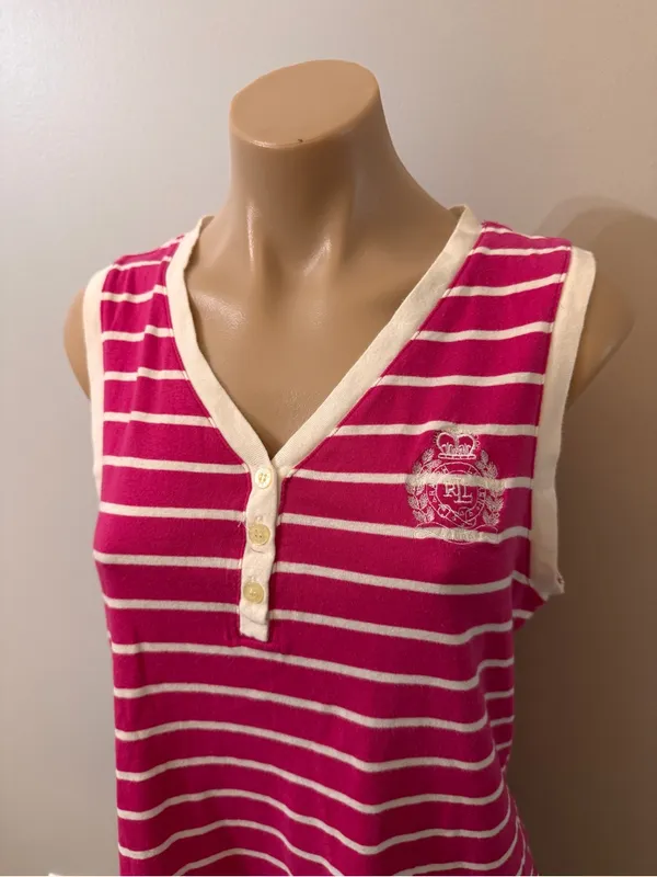 Lauren Ralph Lauren Pink White Stripe Tank Top Medium Button - Image 2