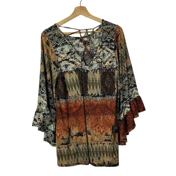 Boutique Now N Forever Brown Boho Printed Long‎ Bell Sleeve Top L - Image 2