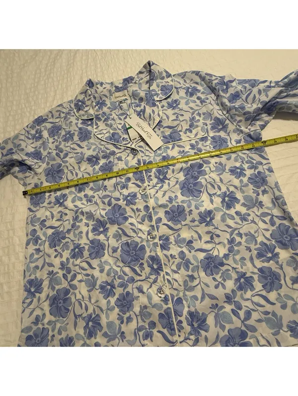 BedHead PJS Pajamas Blue Floral Print White Cotton Pants & Shirt Set NWT Large - Image 5
