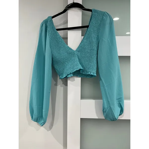 Reign The Label Teal Smocked V-Neck‎ Balloon Sleeve Crop Top Small Blue Boho - Image 3