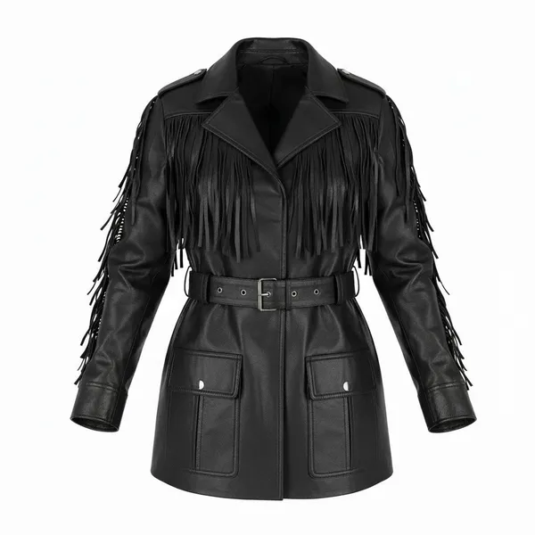 Walter Baker Linda Fringe Belted Lamb Leather Jacket Black Size S - Image 4