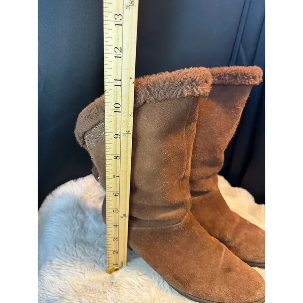 Top Gloria Brown Suede Faux Fur Rhinestone Toggle Mid Calf Boots Size 37 - Image 3