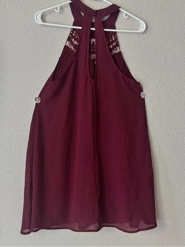 Women's Crochet Yoke Halter Dress - Burgundy - Image 3
