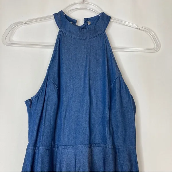 Lulus Dark Wash Chambray Sleeveless Halter Mini Dress Lace Up Womens Small - Image 2
