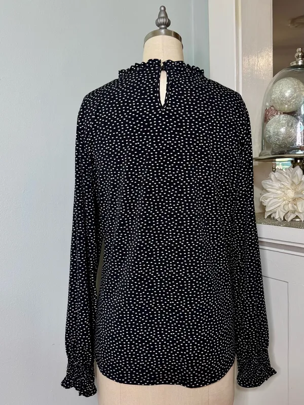 Adrianna Papell Black Polka Dot Long Sleeve Ruffled Mock Neck Blouse Size Large - Image 5