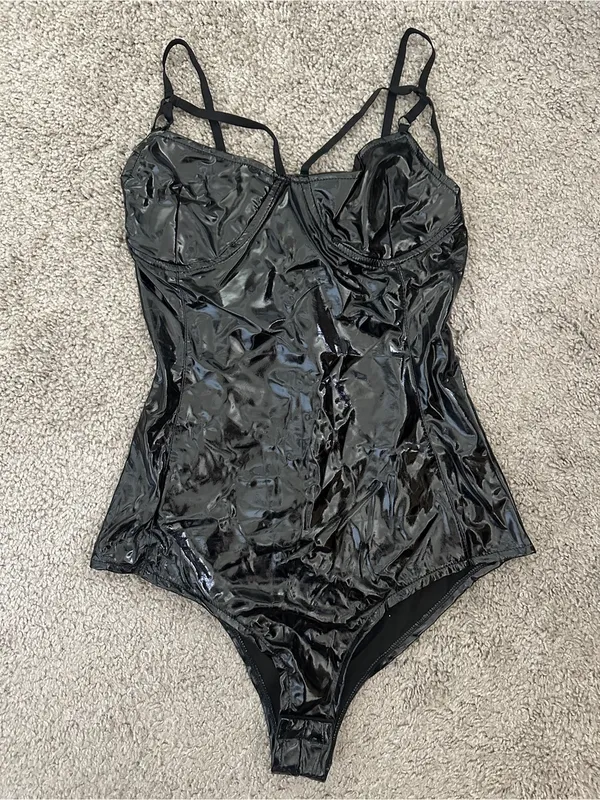 One Piece Halter Sexy Wet Look Leather Leotard Bodysuit in Black Tuzi Sz. Small - Image 5
