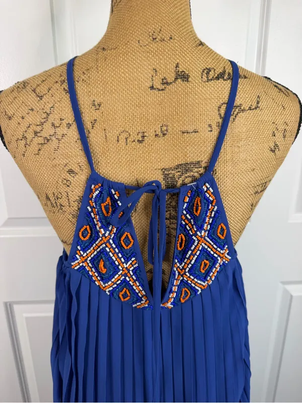 Arden B XS Cobalt Blue Beaded Pleated High Low Maxi Dress Y2K - Image 8