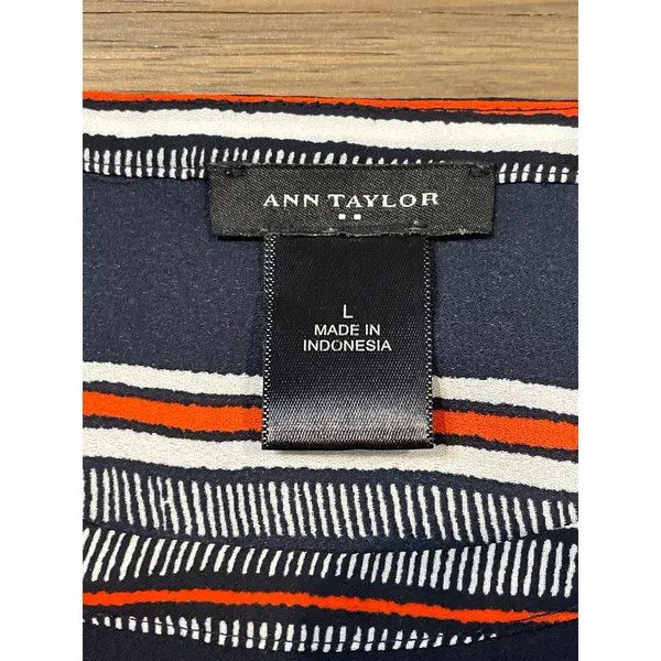 Ann Taylor Blouse Size L Navy Orange Stripe Scoop Neck Cap Sleeve Lightweight - Image 2