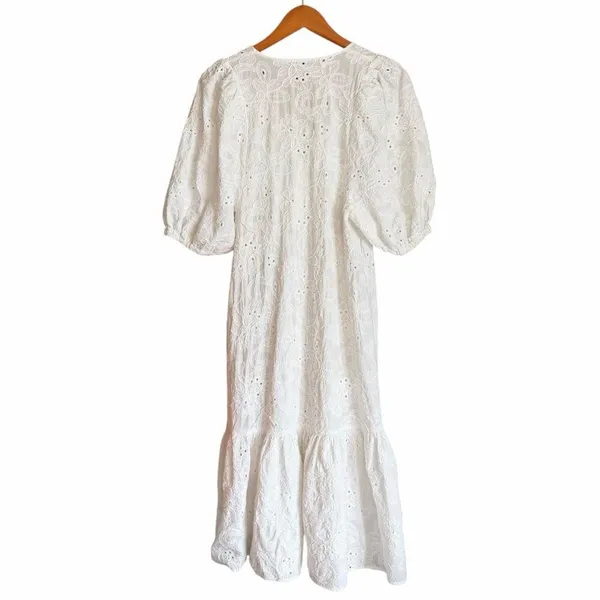 Zara White Eyelet Embroidered Midi Dress Size S Puff Sleeve Cotton Boho Cottage - Image 4