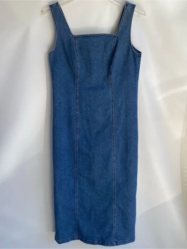 Habitual medium wash denim Stretch midi dress sleeveless fall transition Large - Image 2