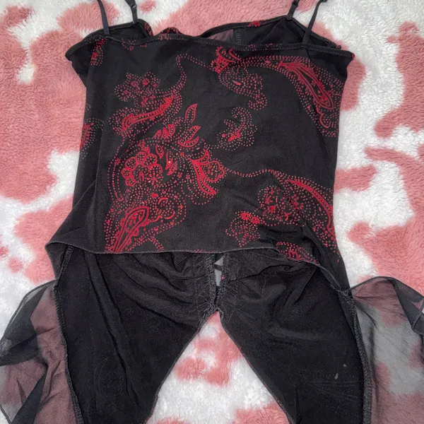 🔥 Y2K Gothic Fairy Corset Top – Black & Red Paisley Lace-Up Camisole w/ Sheer Flowy Panels (Size S) 🖤 - Image 6