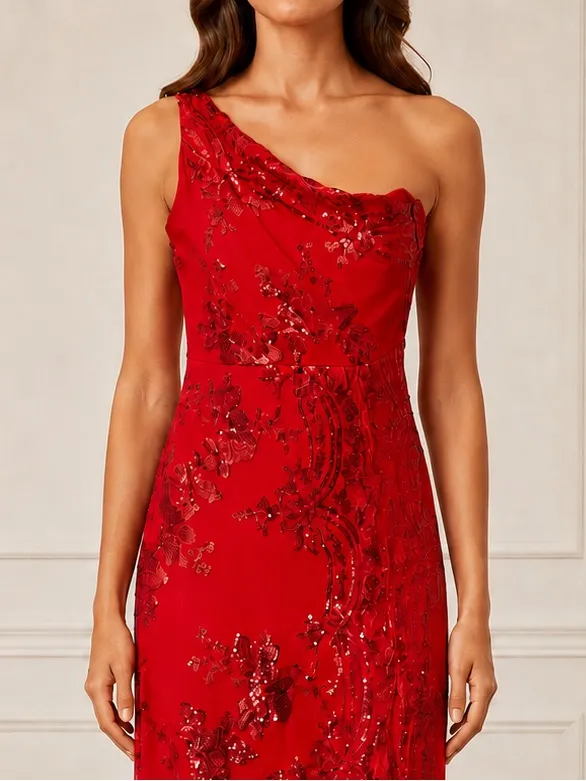 NWT Southern Fried Chics Gown Medium Red Sequin Floral One Shoulder Maxi Dress - Image 7