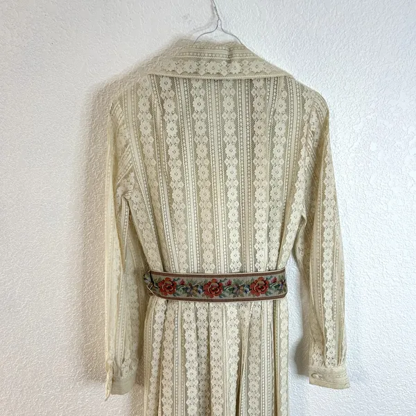 Vtg 70s John California Button Down Lace Dress Maxi Womens Cream Boho Collared - Image 2