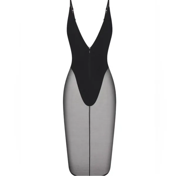 Skims body mesh plunge midi black leotard zip up sheer dress NWT SIZE L - Image 3