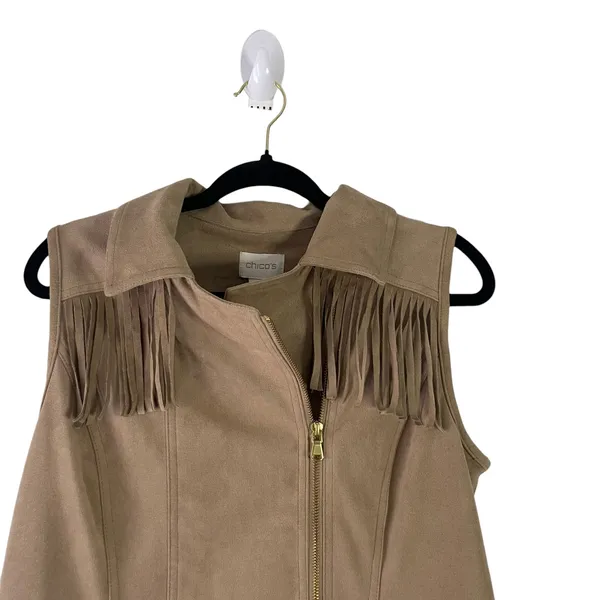 Chico's Women's‎ Size 1 Small Tan Fringe Western Boho Side Zip Vest - Image 2