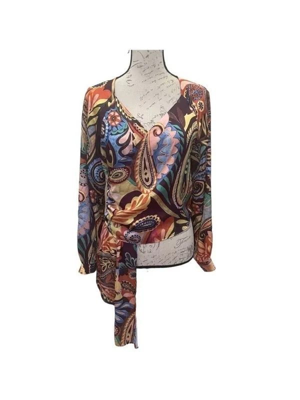 Zara Multicoloured Scarf Print Crossover Satin V-Neckline Blouse Top Paisley M - Image 3