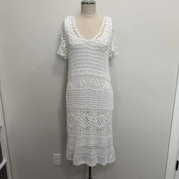 Vtg Y2K Fever M Medium Dress Crochet Open‎ Knit Sheer Lined Romantic Beachy Boho - Image 3