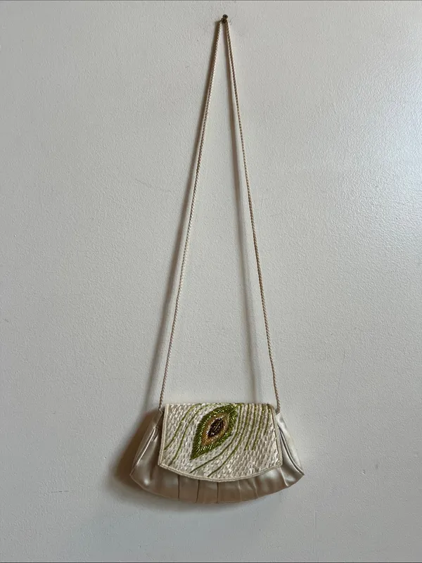 Peacock Ivory Beaded vintage Evening Clutch or shoulder bag - Image 2